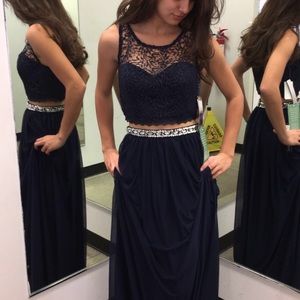 Dark blue long prom dress. Two piece